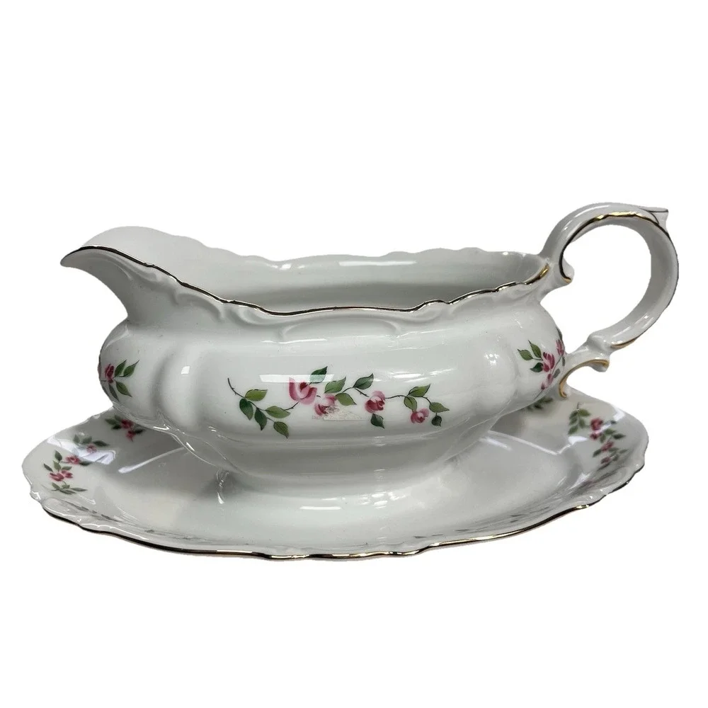 VTG Crown Bavaria Juliette Pink Roses Gravy Boat W/Attached Underplate Gold Trim